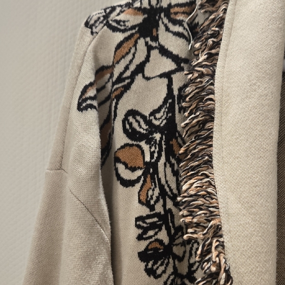 Chico's Elegant Cream and Brown Leaf And Floral Fringe Cardigan - Picture 4 of 5